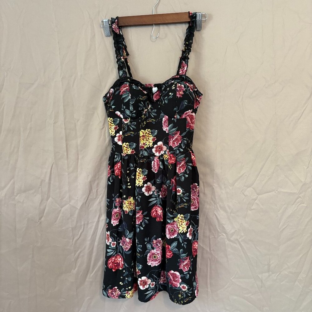 Xhilaration Pink and Yellow Floral/Black Summer Dress Adjustable Straps Small